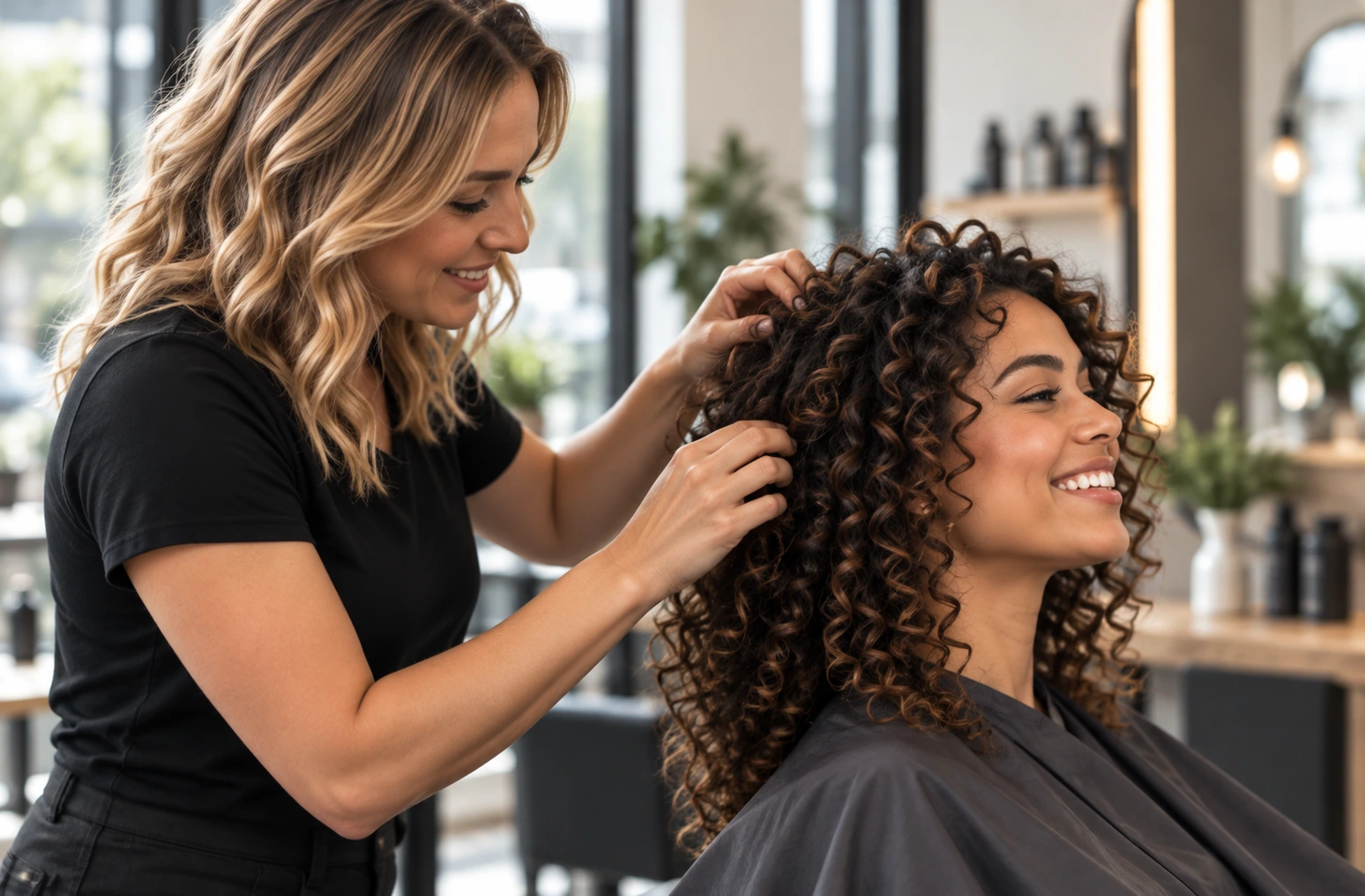 Cabeleireira modelando os cachos de uma cliente sorridente no salão
